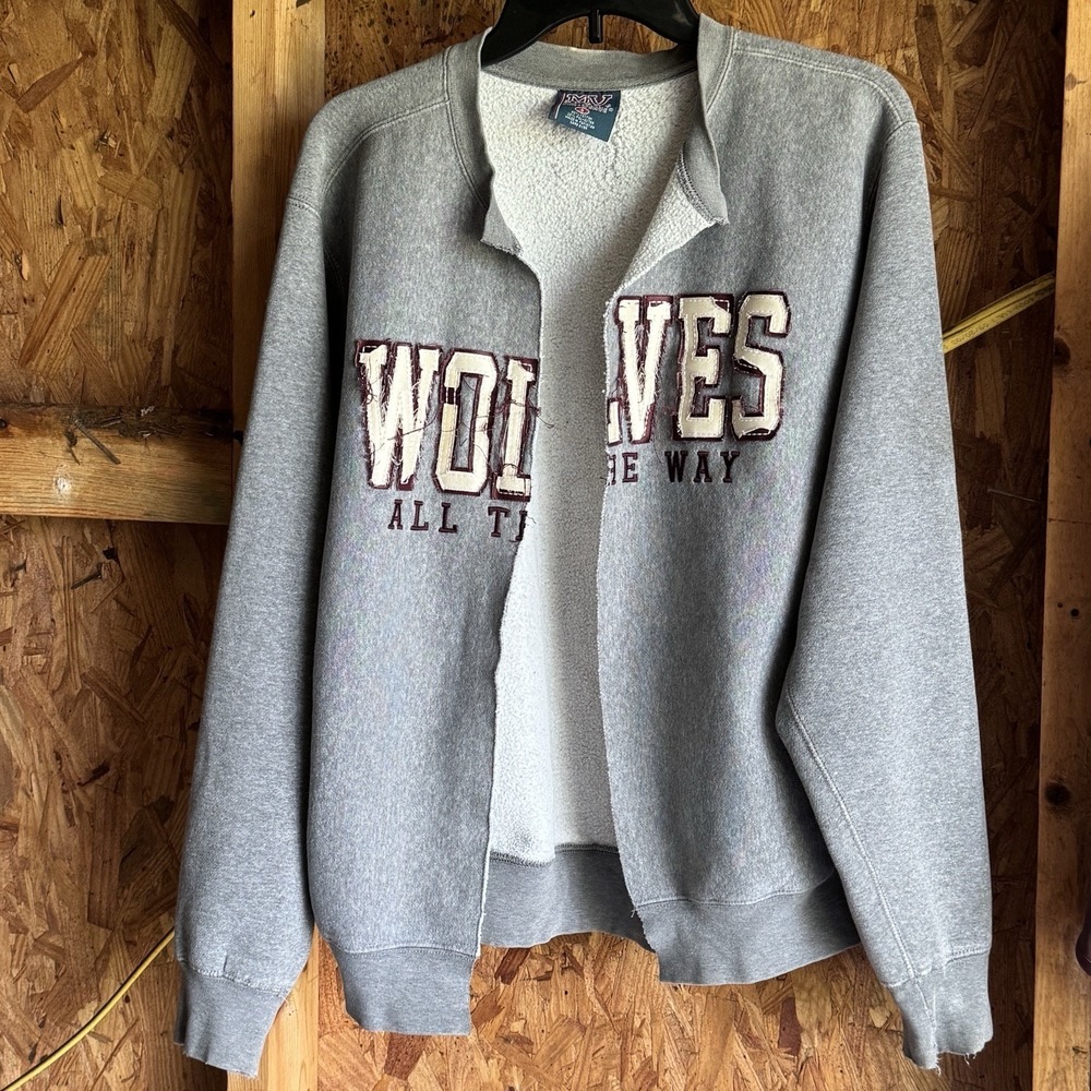 WOLVES ALL THE WAY Gray Embroidered Cardigan Sweatshirt Sporty Loungewear Small